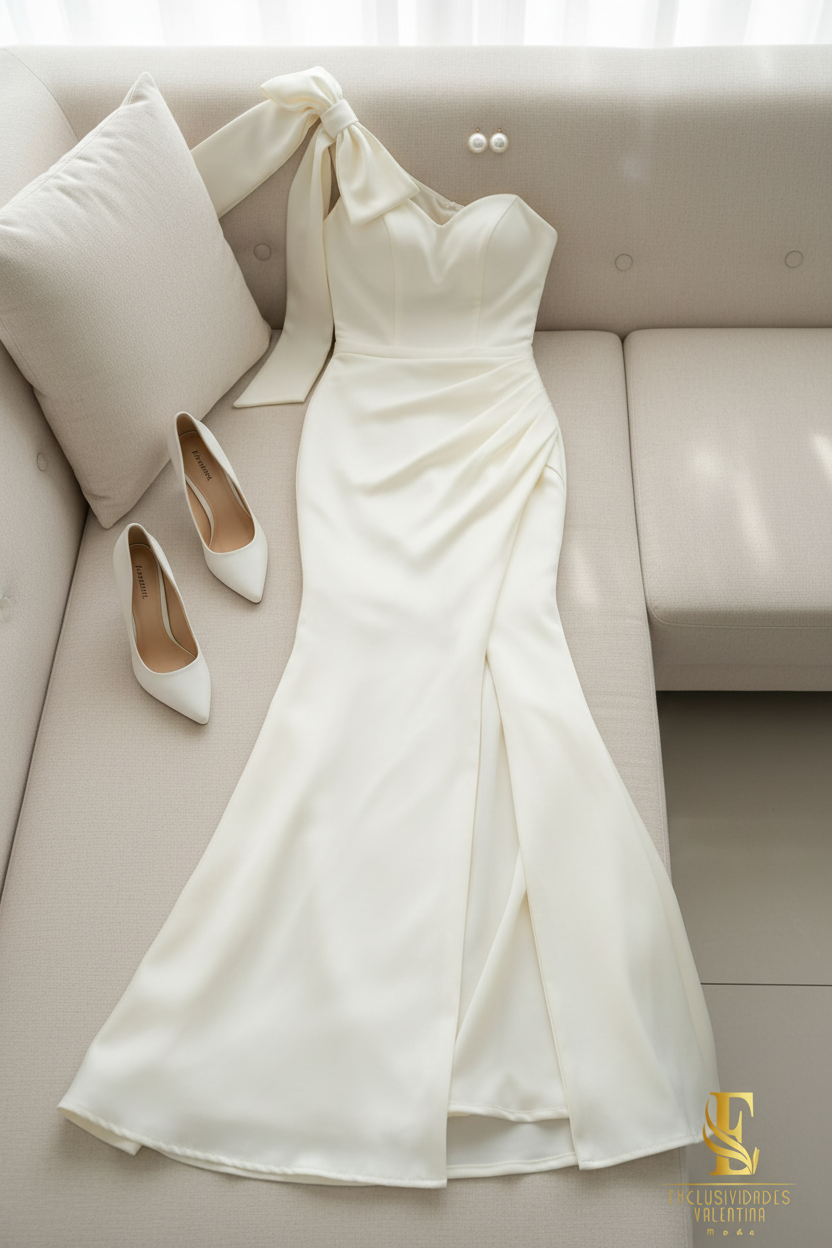 Vestido Crema Un Hombro con Moño y Abertura Frontal cod.V278