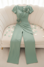 Enterizo Verde Salvia Manga Corta Dos Rosas 3D Drapeado Palazzo cod.E0066