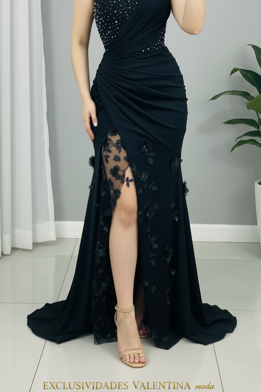 Vestido Maxi Negro Un Hombro con Cristales, Encaje y Flores D3 cod.V862