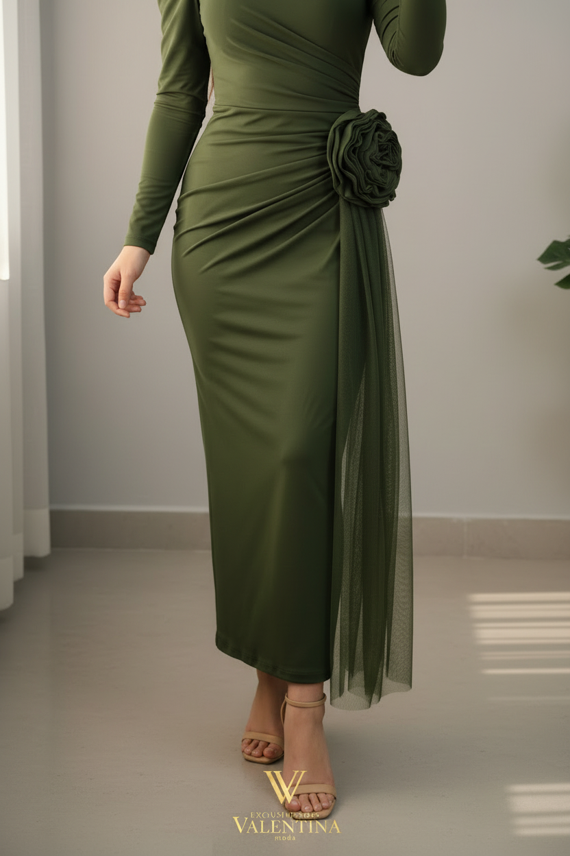 Vestido Verde Olivo Rosa D3 cod.V724