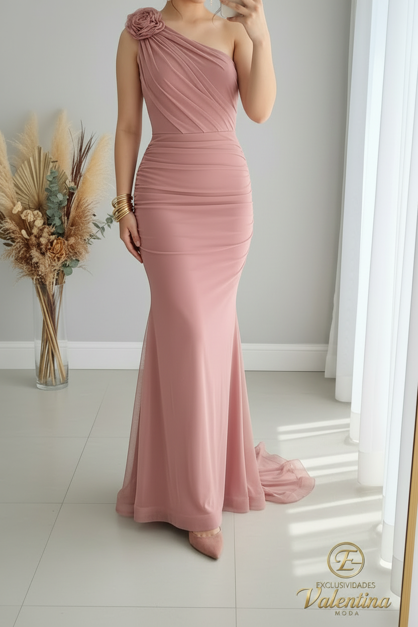 Vestido Sirena Un Hombro Rosa Palo cod.V396
