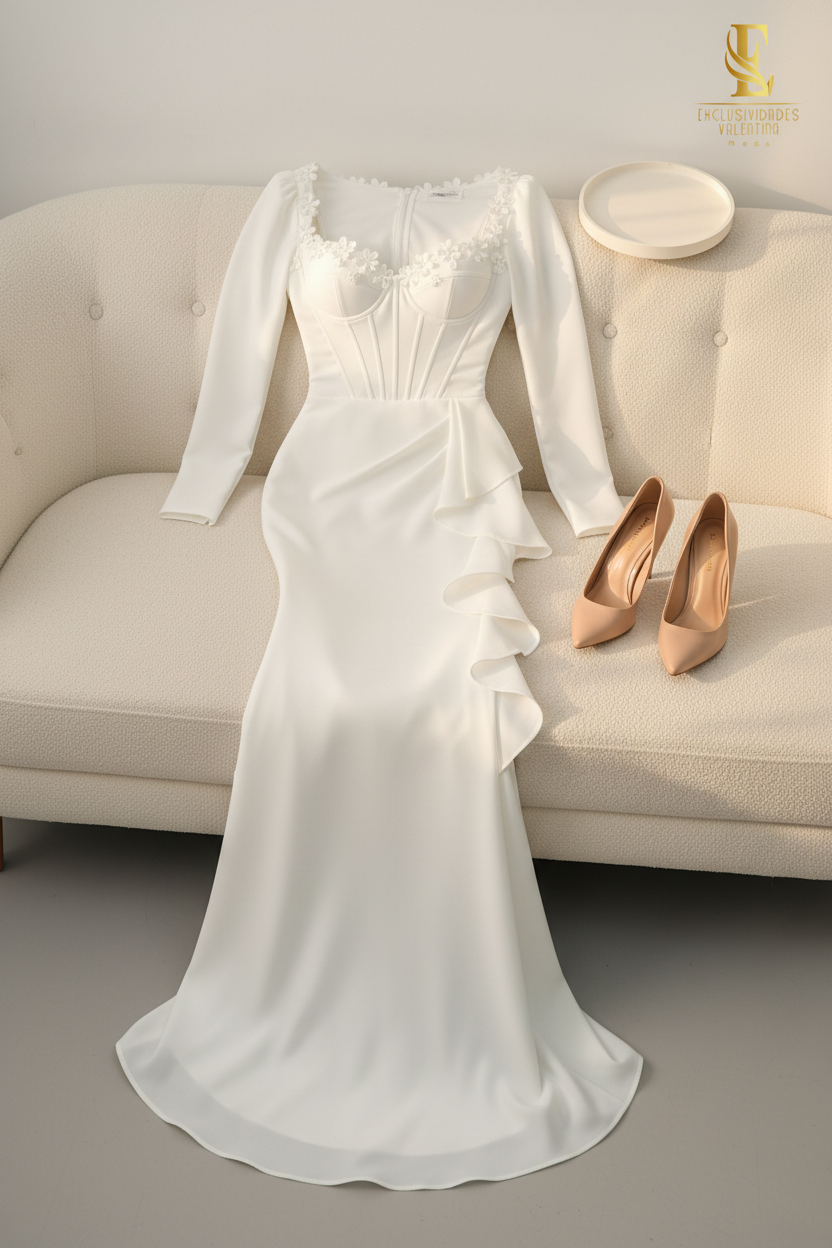 Vestido Blanco Sirena Corset Flores 3D cod.00171