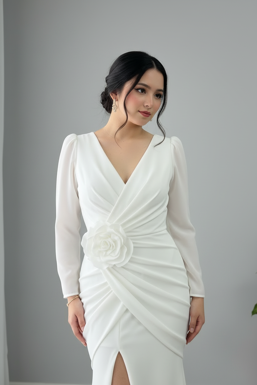 Vestido Blanco Nupcial Manga Larga Sirena con Rosa D cod.970