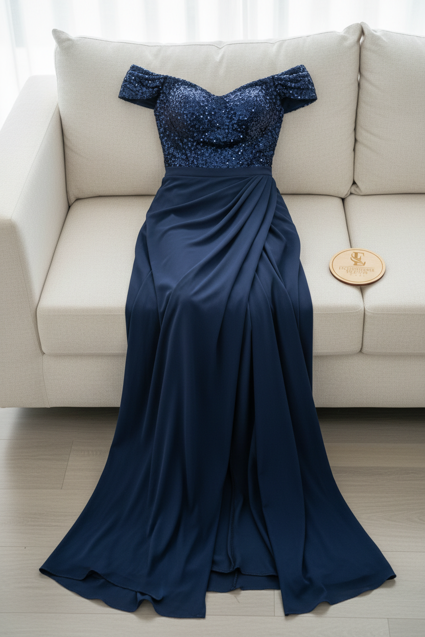 Vestido Azul Marino Off-Shoulder Lentejuelas con Falda Drapeada y Abertura cod.736