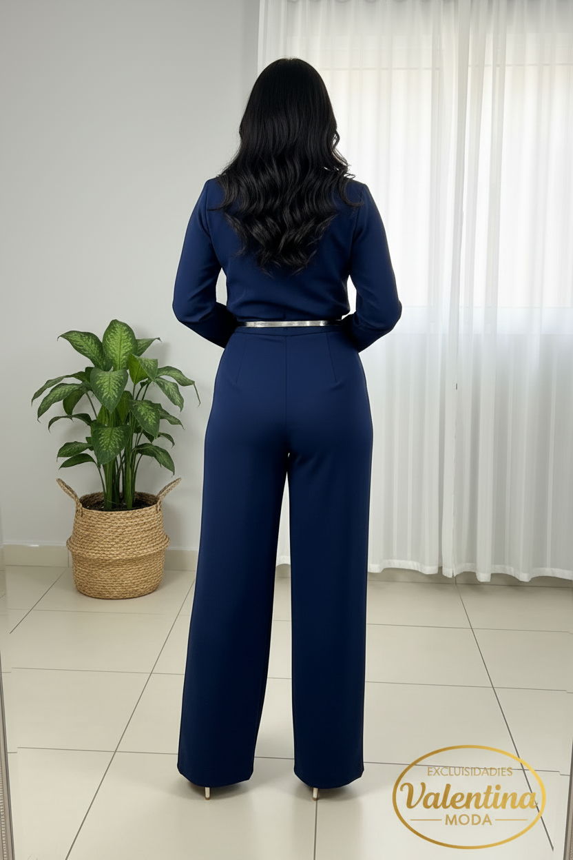 Conjunto 2 Piezas Azul Marino Top Cruzado Manga Larga y Palazzo cod.00139
