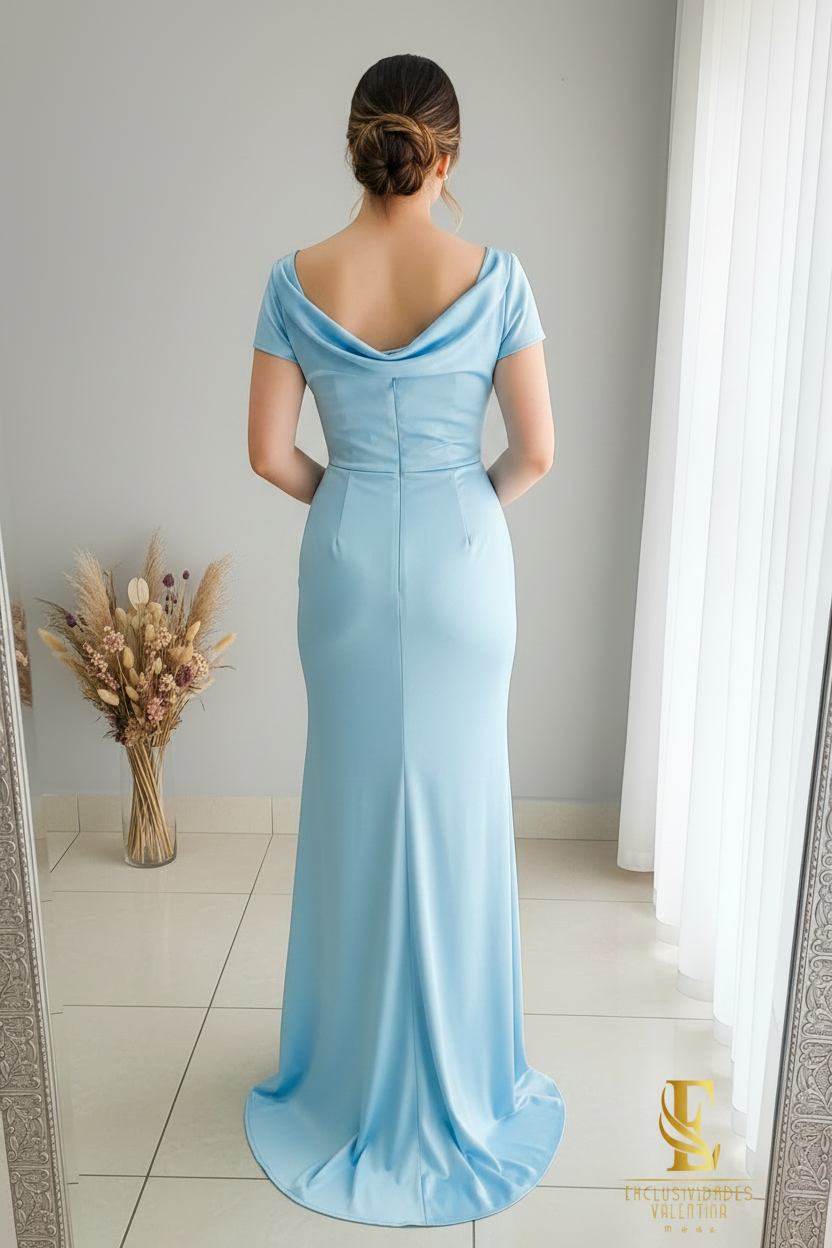 Vestido Sirena Azul Cielo | Cowl Neck y Drapeado Cruzado cod.V441
