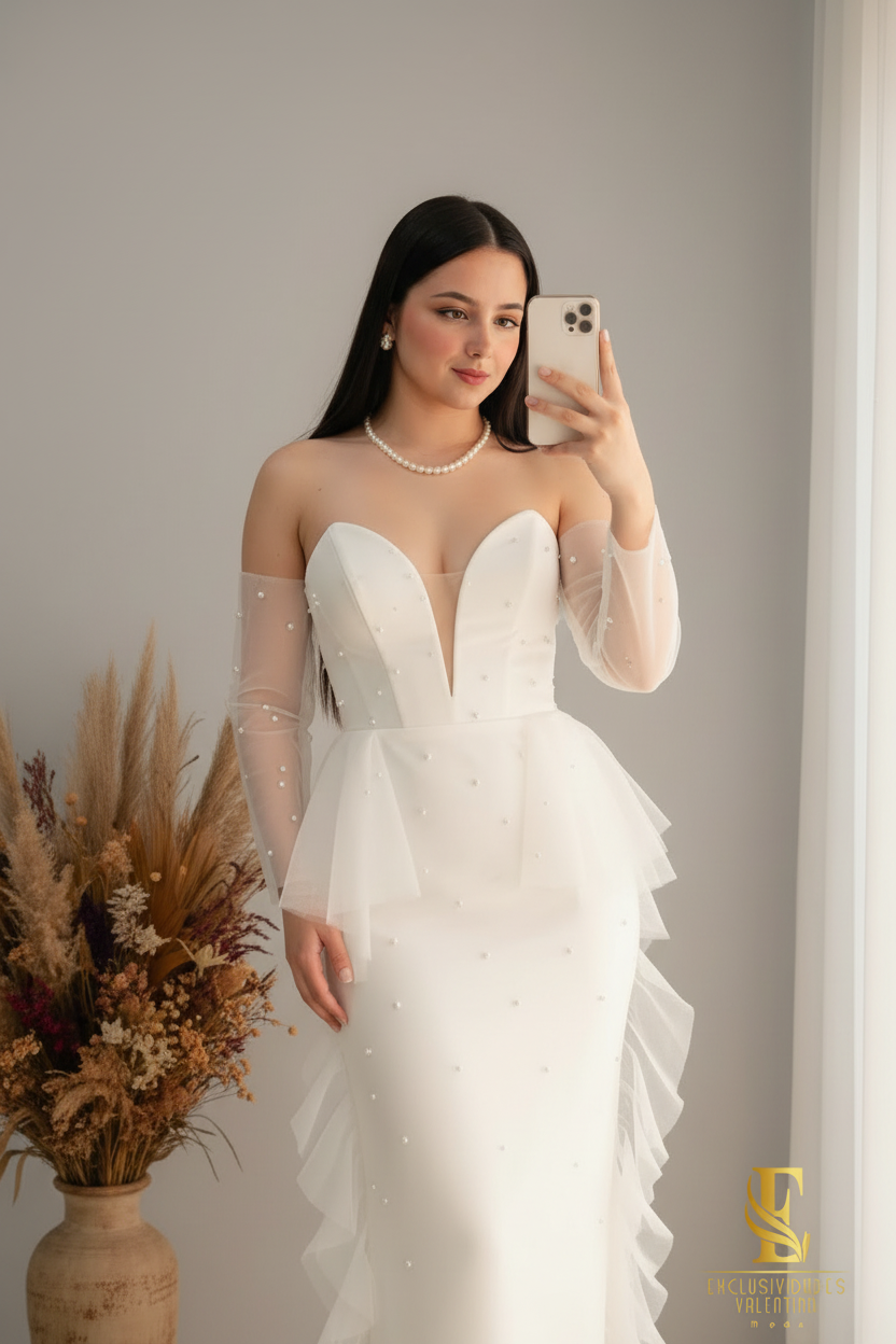 Vestido Novia Blanco | Manga Ilusión Tul y Volantes Cascada cod.V445