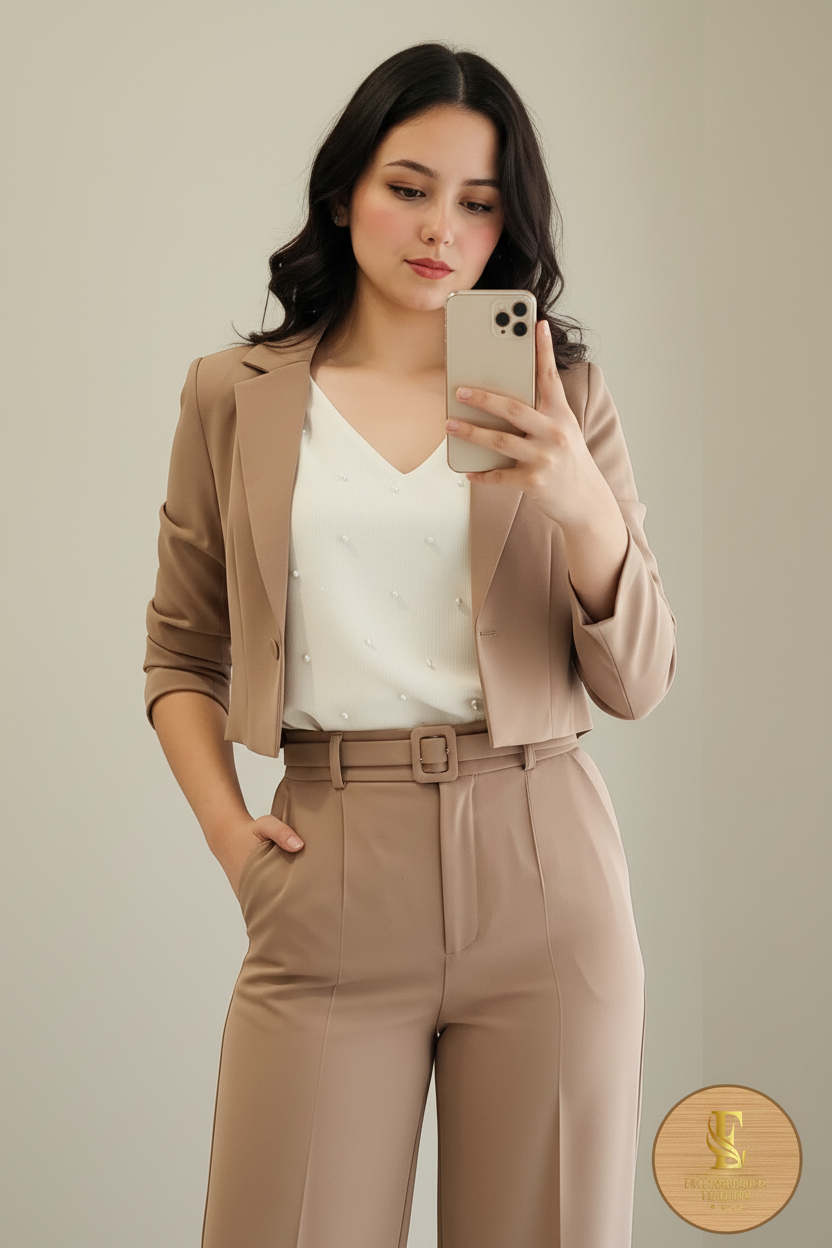Conjunto Camel Blazer Crop Manga 3/4 Pantalón Palazzo Cinturón cod.0016