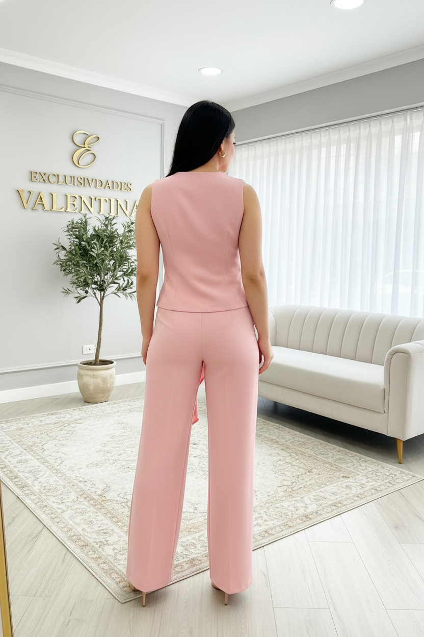 Conjunto Rosa Blusa Asimétrica Rosa 3D + Pantalón Palazzo cod.C578
