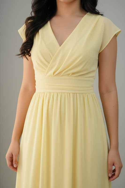 Vestido Amarillo Pastel Maxi con Escote V y Volante cod.780