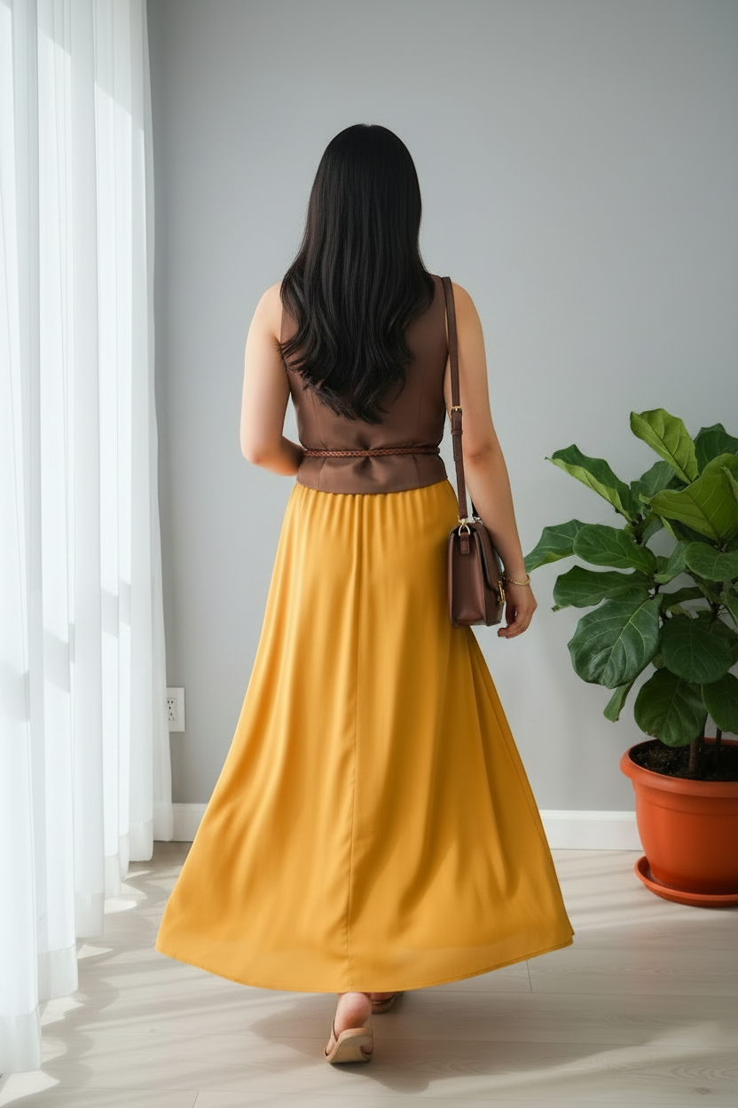 Conjunto Chaleco Café con Falda Mostaza cod.753