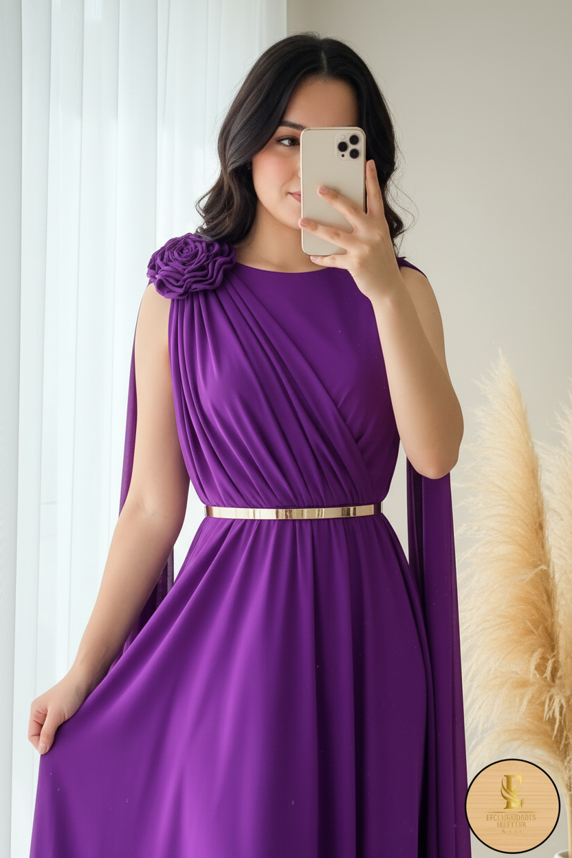 Vestido Morado Chiffon con Capa y Rosa 3d cod.0094