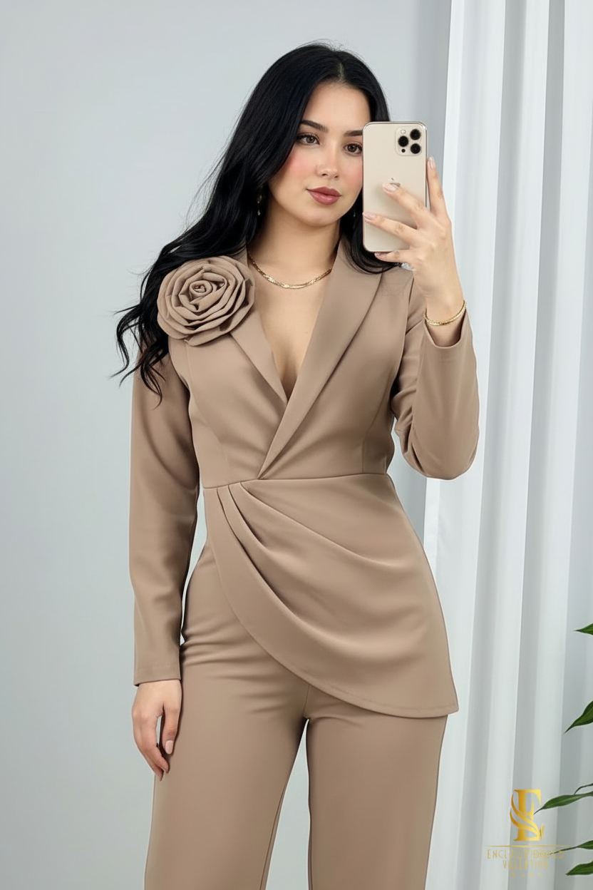Conjunto Camel — Blazer Cruzado Drapeado Rosa 3D & Palazzo cod.0039