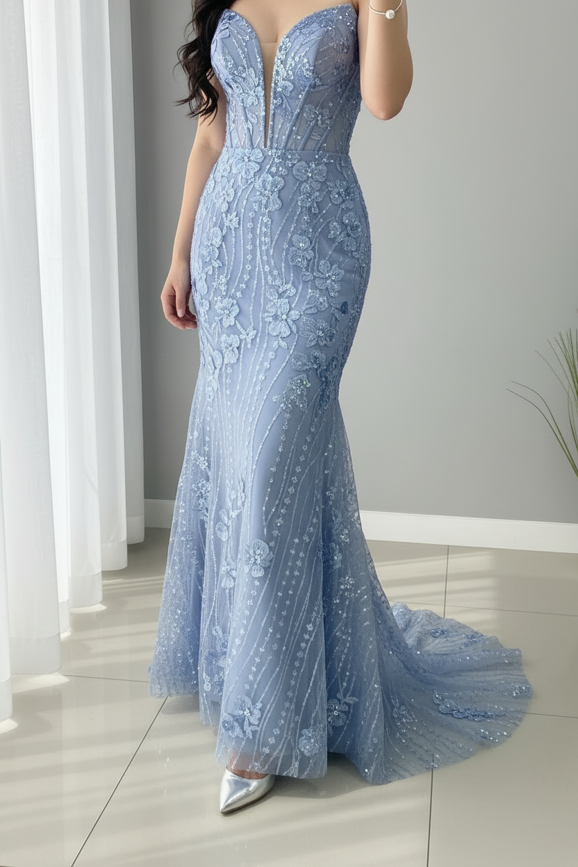Vestido Azul Cielo Sirena Strapless Encaje Floral Bordado cod.V686