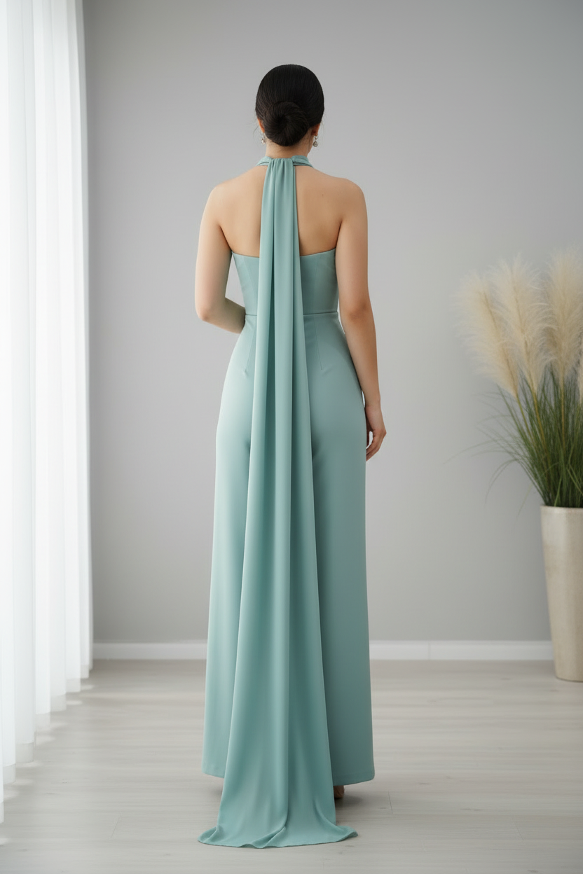 Conjunto Verde Agua — Escote Corazón Strapless, Capa Chifón & Pantalón Palazzo cod.903