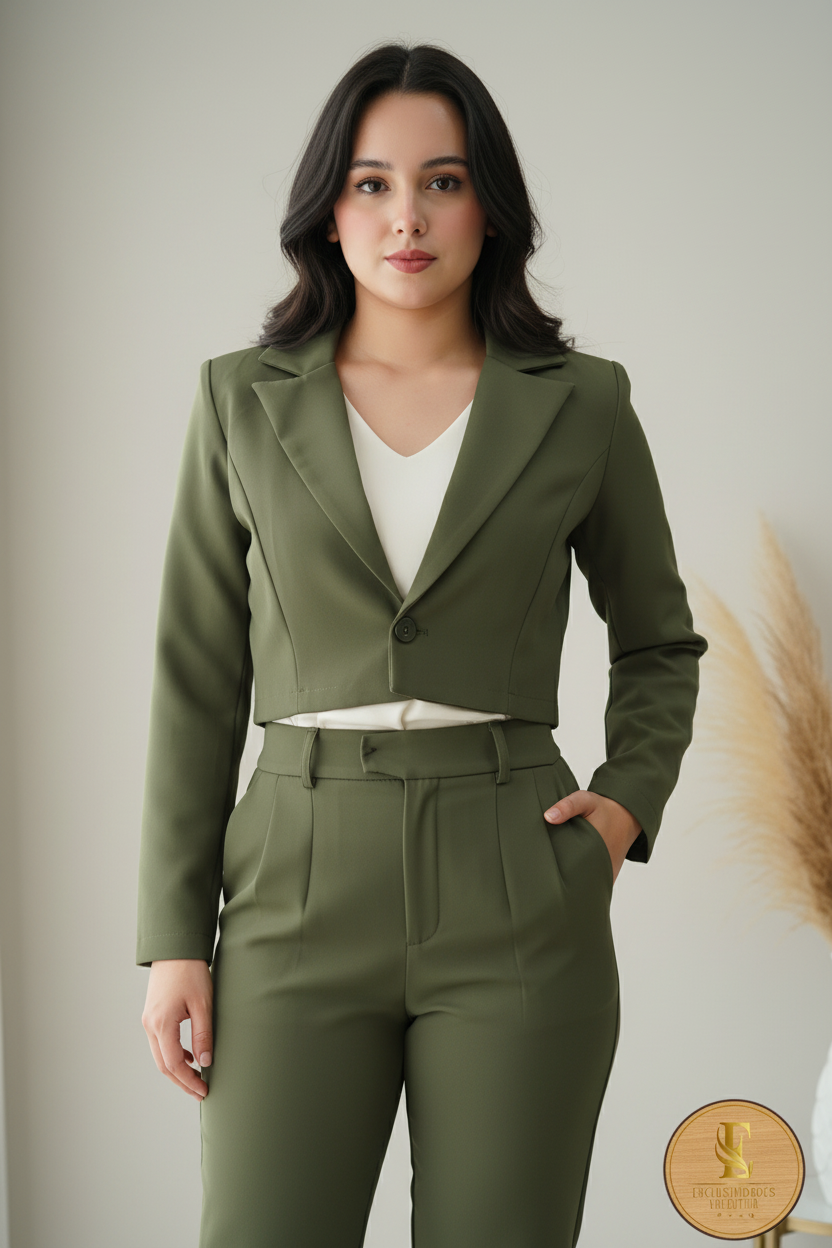 Conjunto Verde Olivo Blazer Crop Pantalón Pinzas Tiro Alto cod.00114