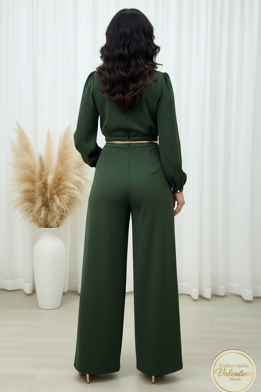 Conjunto Verde Oscuro Escote V con Cinturón Dorado cod.00126