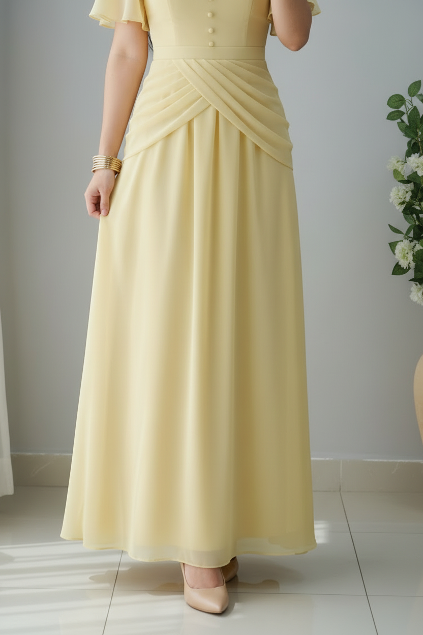Vestido Amarillo Suave Maxi Gasa Manga Butterfly cod.958