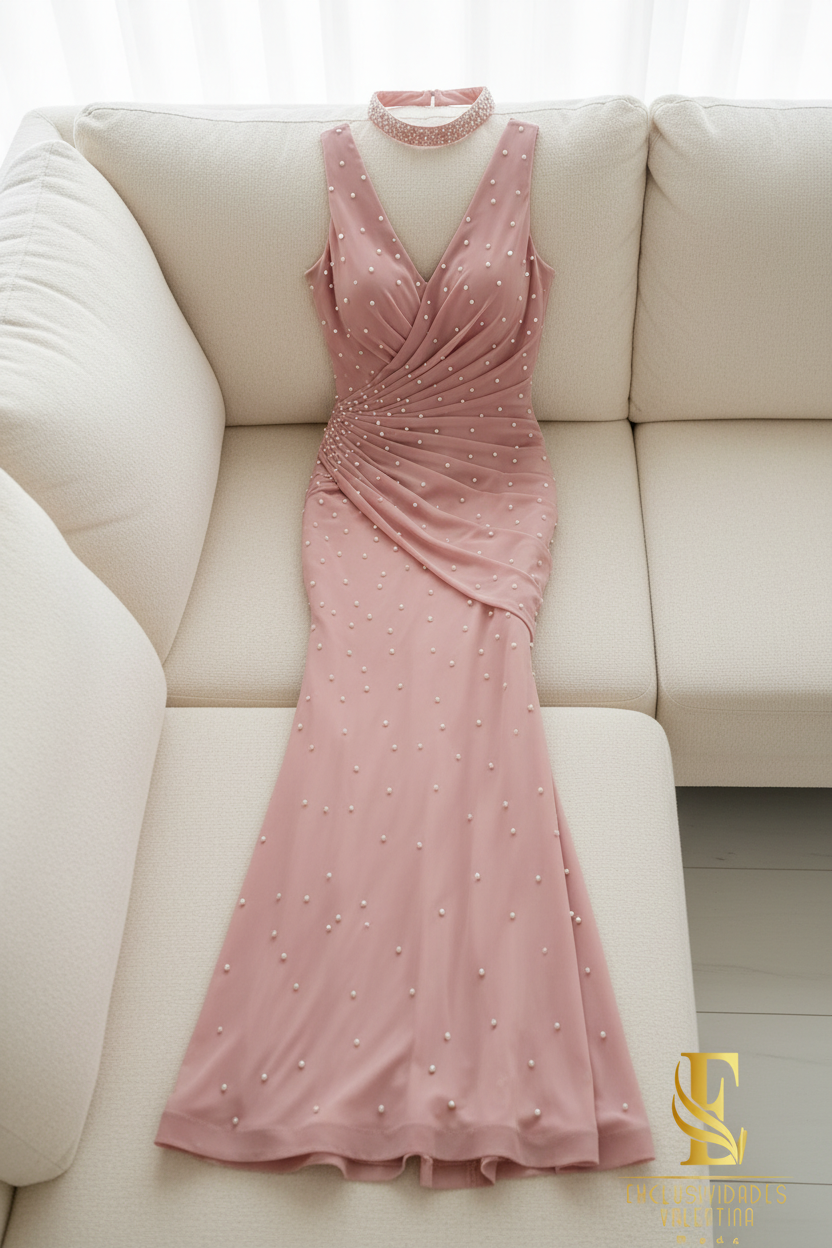 Gown Rosa Perlas Sirena cod.V738