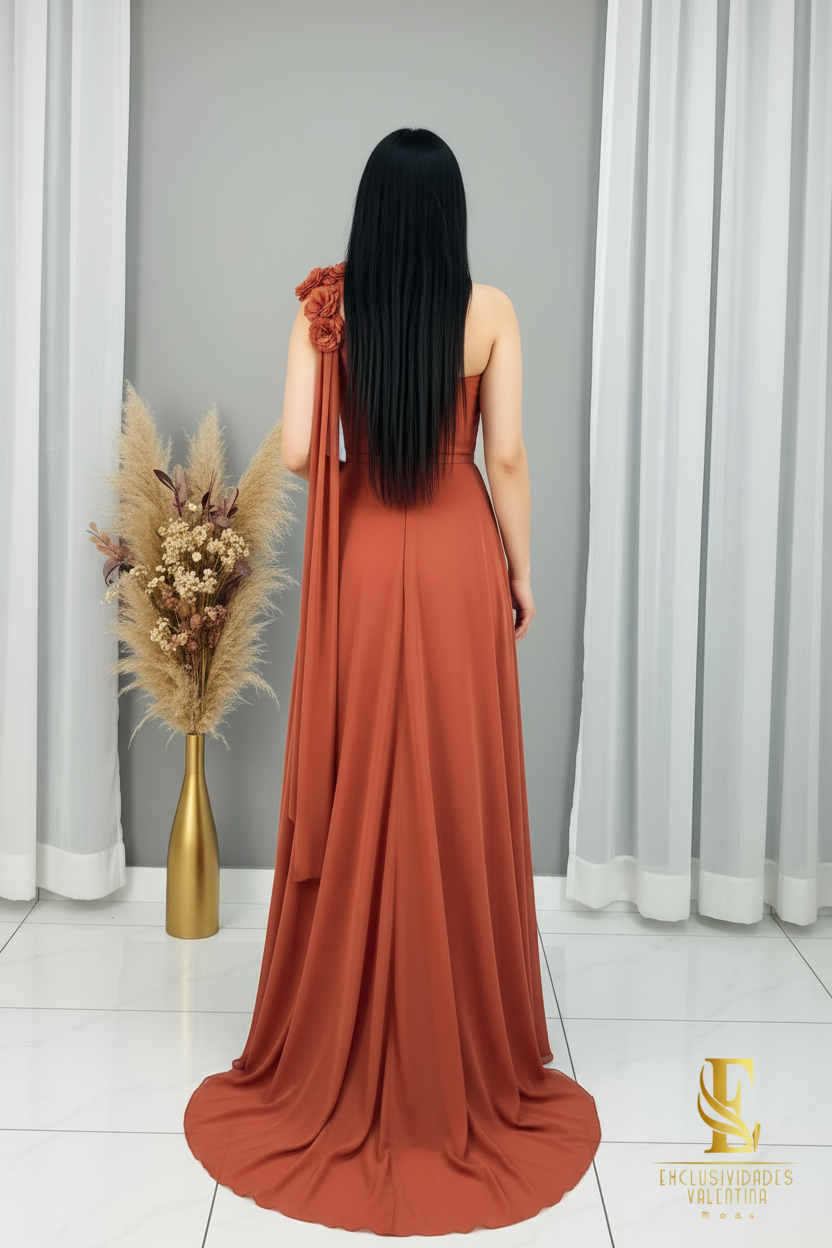 Vestido Terracota Largo Un Hombro Rosas 3D Falda Evasé cod.V298