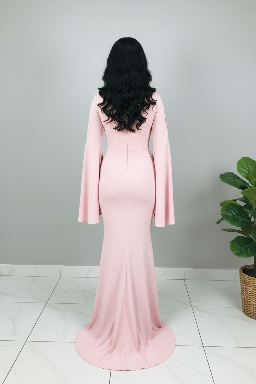 Vestido Rosa Sirena Mangas Campana cod.601