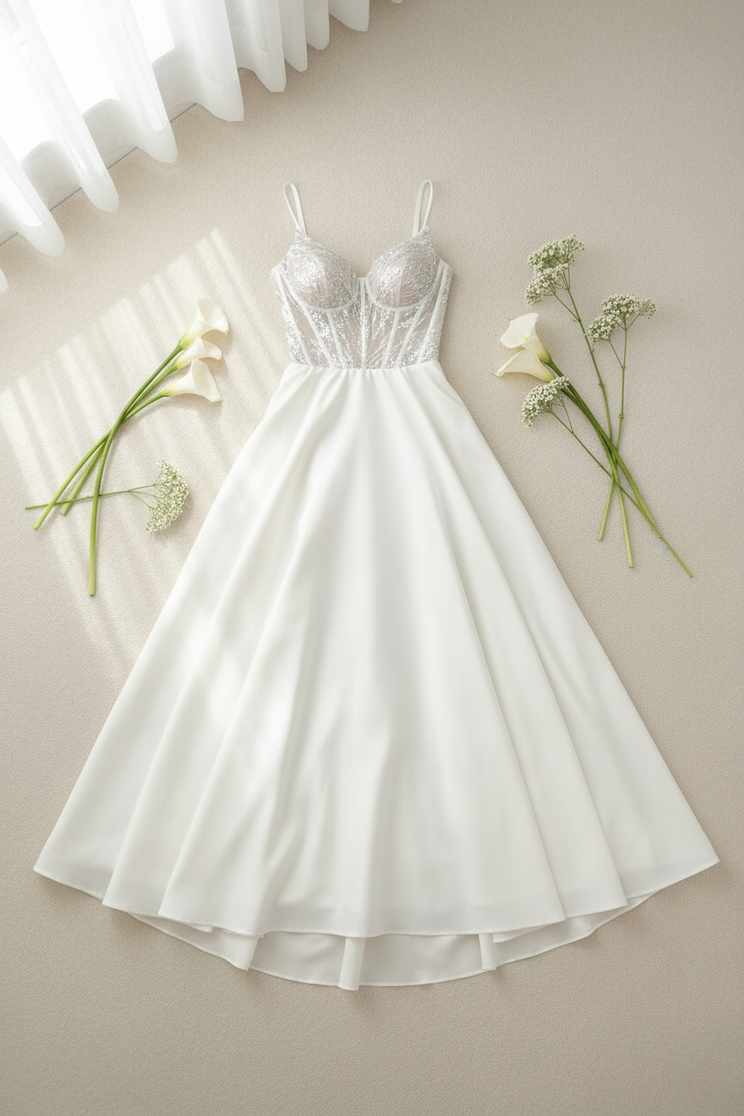 Vestido nupcial blanco corpino pedrería bordado falda A-line C.1941