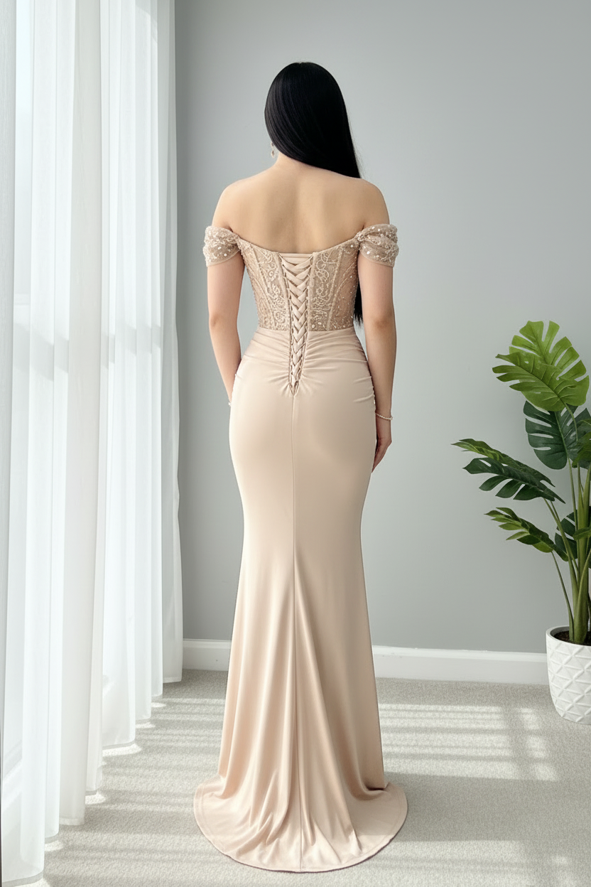 Vestido Champagne Off-Shoulder Sirena Encaje Dorado cod.V683