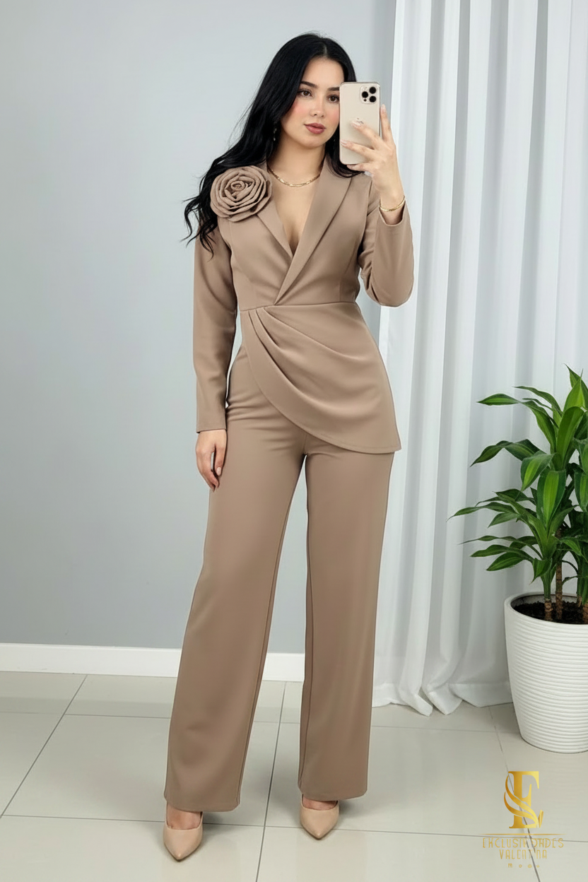 Conjunto Camel — Blazer Cruzado Drapeado Rosa 3D & Palazzo cod.0039