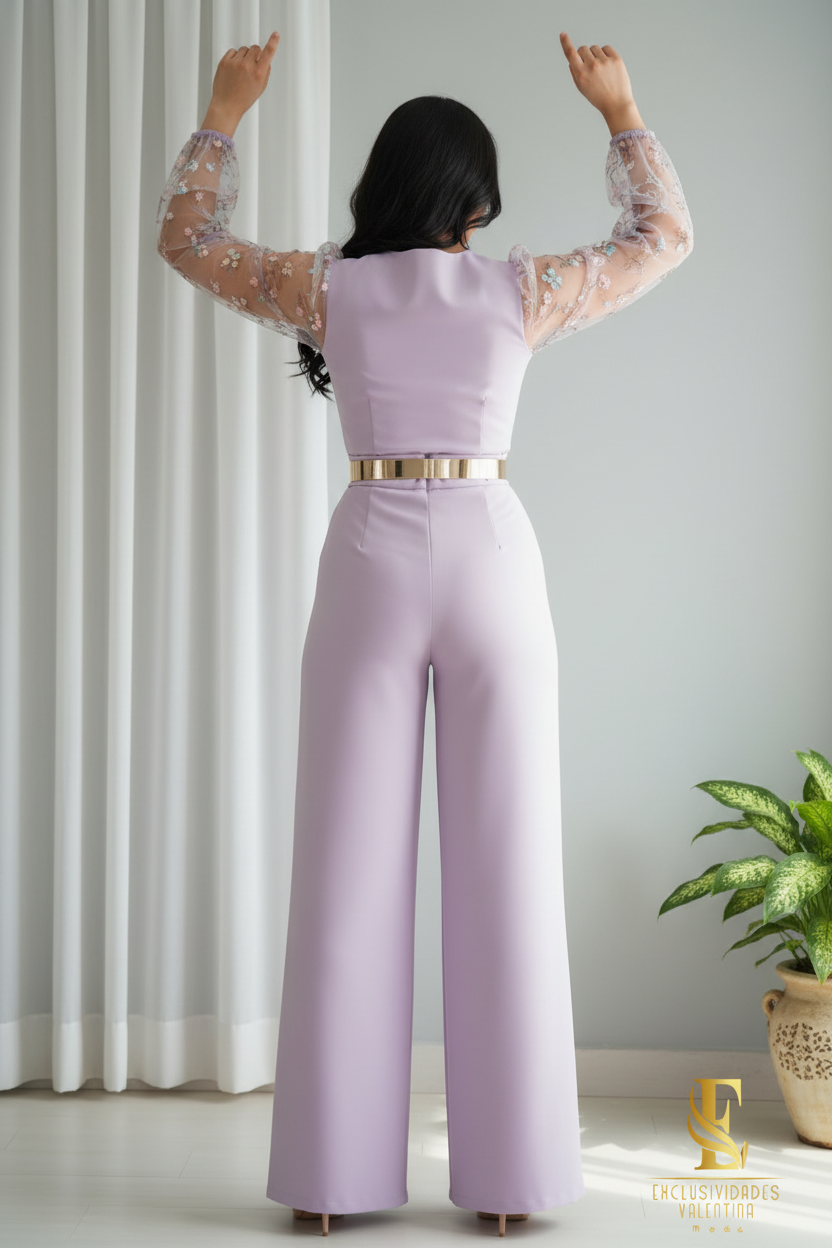 Conjunto Lila — Top Chaleco Mangas Bordadas & Palazzo cod.0043