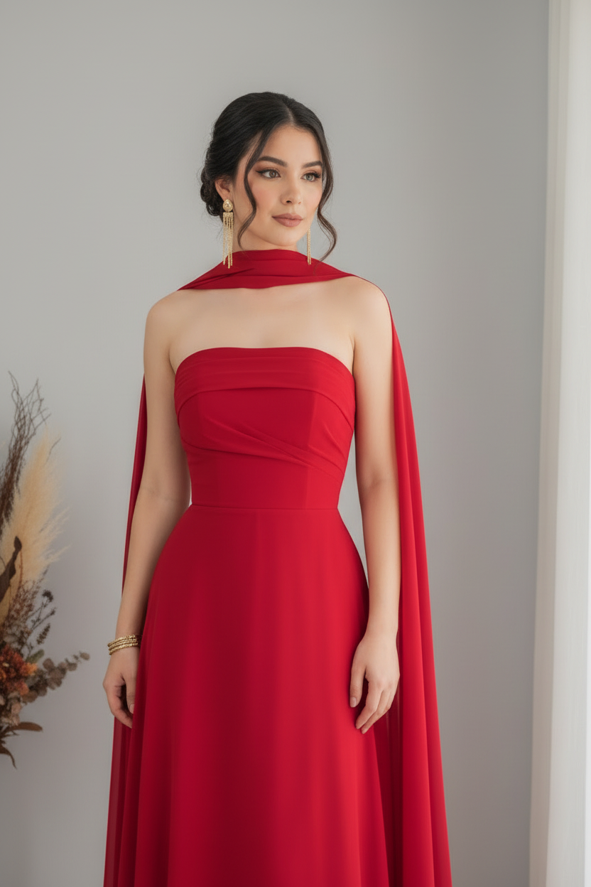 Vestido Rojo Strapless con Capa y Corsét cod.V364