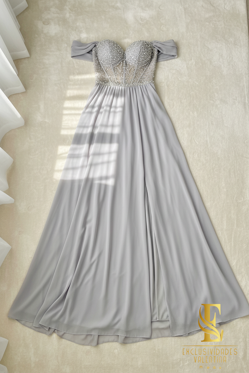 Gown Plata Corset Cristales cod.V736
