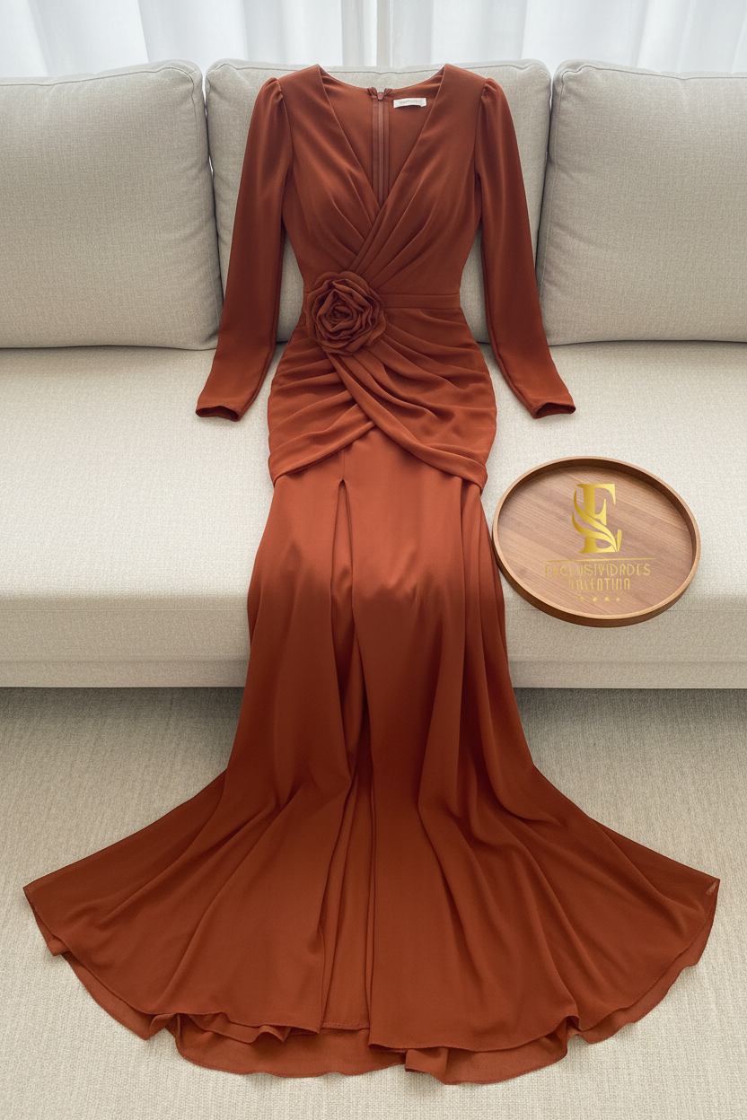 Vestido Terracota Manga Larga Sirena con Rosa D cod.967