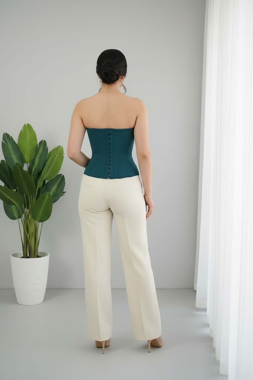 Set Bicolor Corset Teal con Flor 3D y Pantalón Crema Exclusivo cod.804