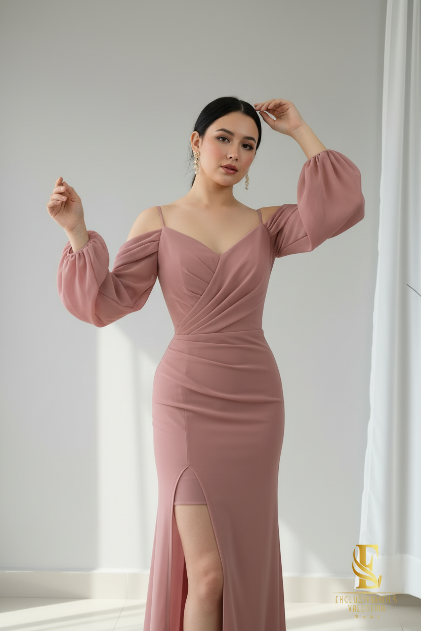 Vestido Rosa Palo Off-Shoulder Manga Puff cod.V343
