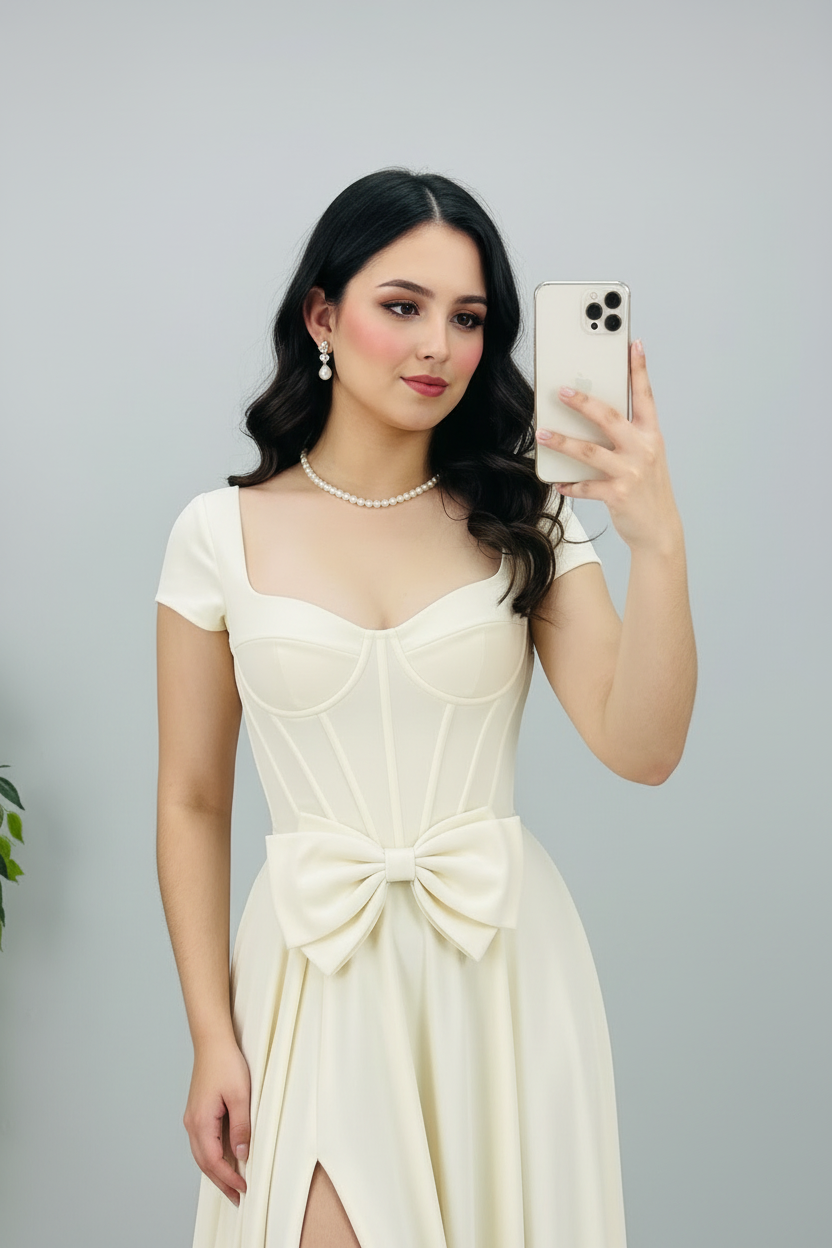 Vestido Marfil Corset con Lazo cod.597