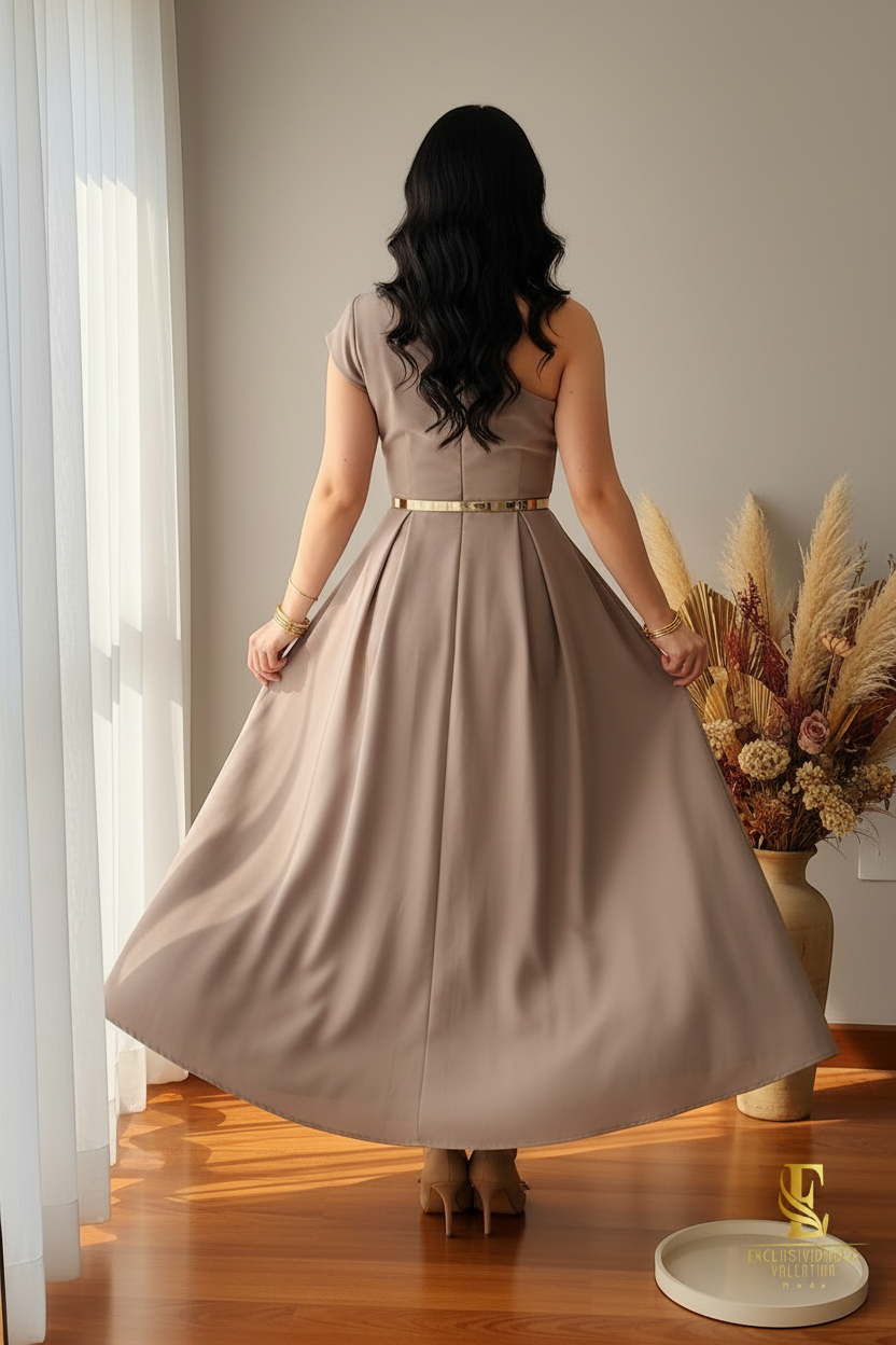 Vestido Taupe Asimétrico Rosa  3D cod.00163
