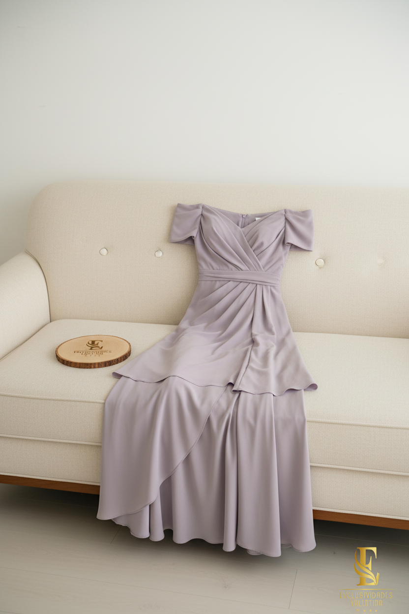 Vestido Lila Off-Shoulder Doble Capa cod.0089