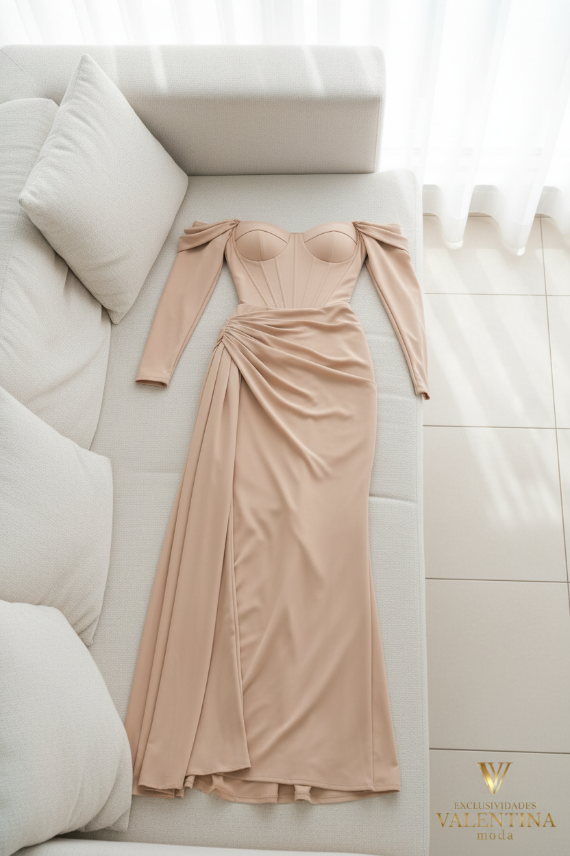 Vestido Nude Off-Shoulder Manga Larga con Corset y Drapeado cod.V531
