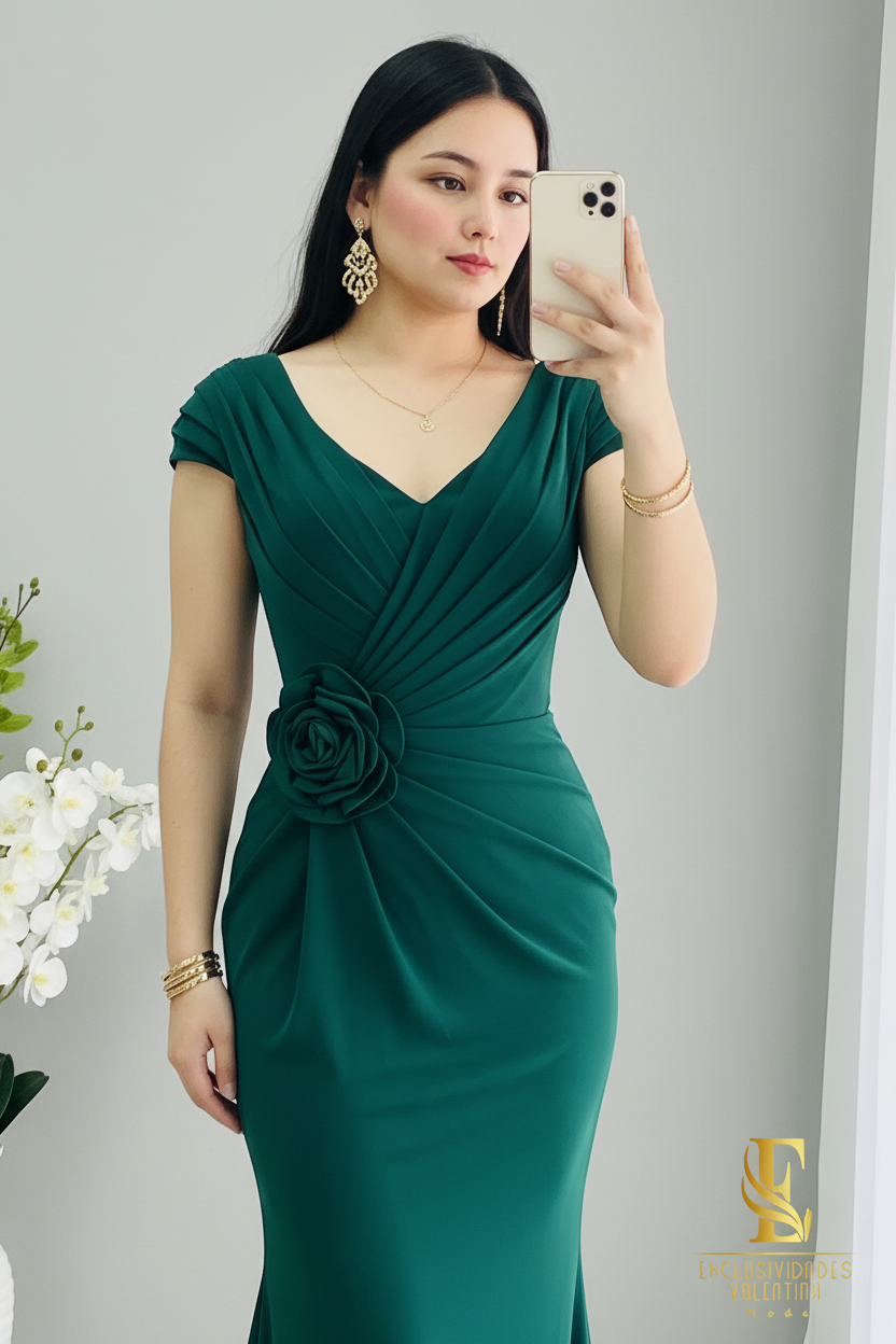 Vestido Sirena Verde Esmeralda | V-Neck Manga Casquillo con Rosa D cod.502