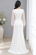 Vestido largo blanco escote V con mangas transparentes y abertura cod. VC033