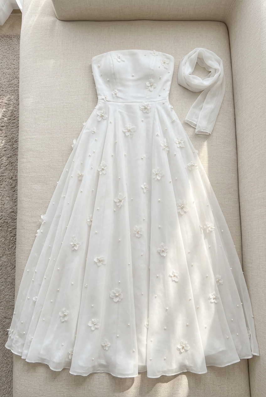 Vestido largo blanco sin tirantes con flores y pañuelo cod. VC035