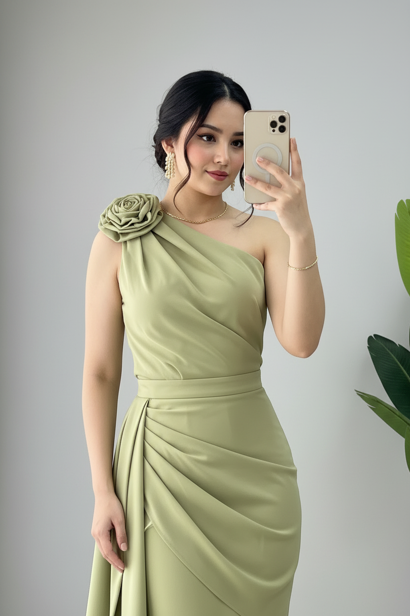 Vestido Verde Salvia Un Hombro con Rosa 3D y Drapeado Exclusivo cod.807