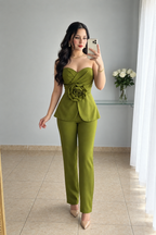 Conjunto Verde Oliva Strapless Flor 3D + Pantalón Recto cod.CJ005