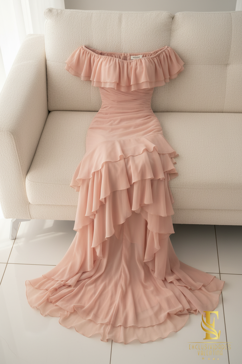 Vestido Blush Volants Off-Shoulder V218
