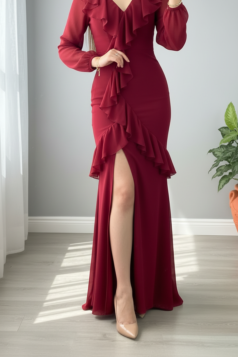 Vestido Vino Manga Larga Sirena con Volantes cod.954