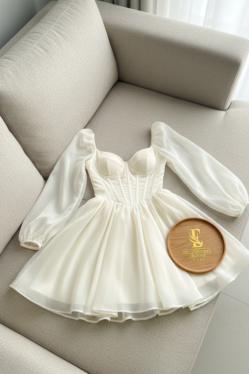 Vestido Blanco Crema Corsé Manga Puff Bishop con Falda Organza Mini cod.982