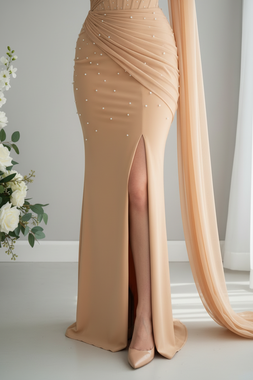 Vestido Champagne Dorado Un Hombro Perlas Capa Drapeada Abertura cod.V0037