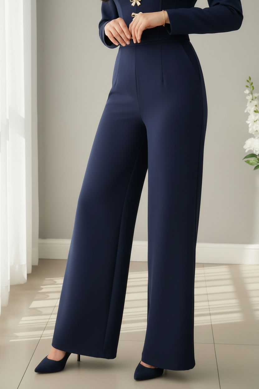 Conjunto Azul Marino Blazer Entallado Lazos Dorados y Pantalón Wide Leg — Elegante y Formal cod.0073