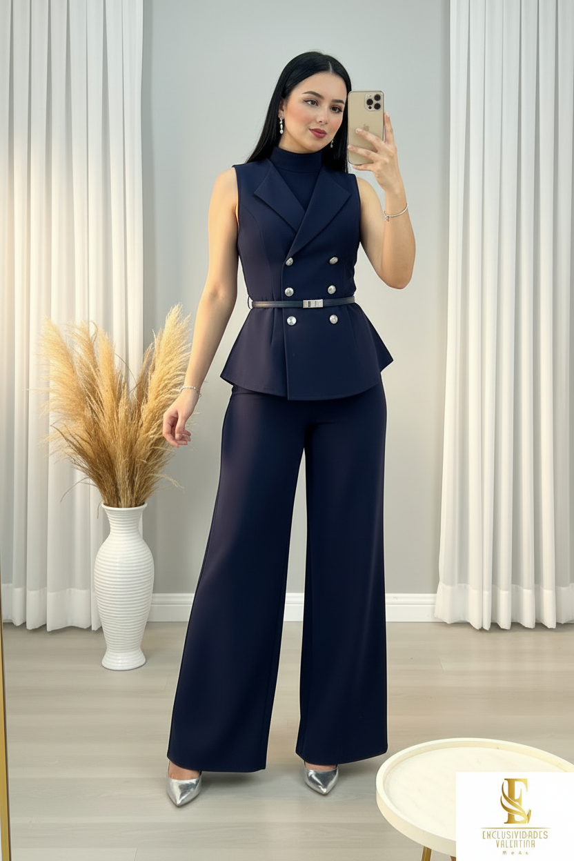 Conjunto Azul Marino Chaleco Blazer Doble Botonadura + Palazzo cod.00179