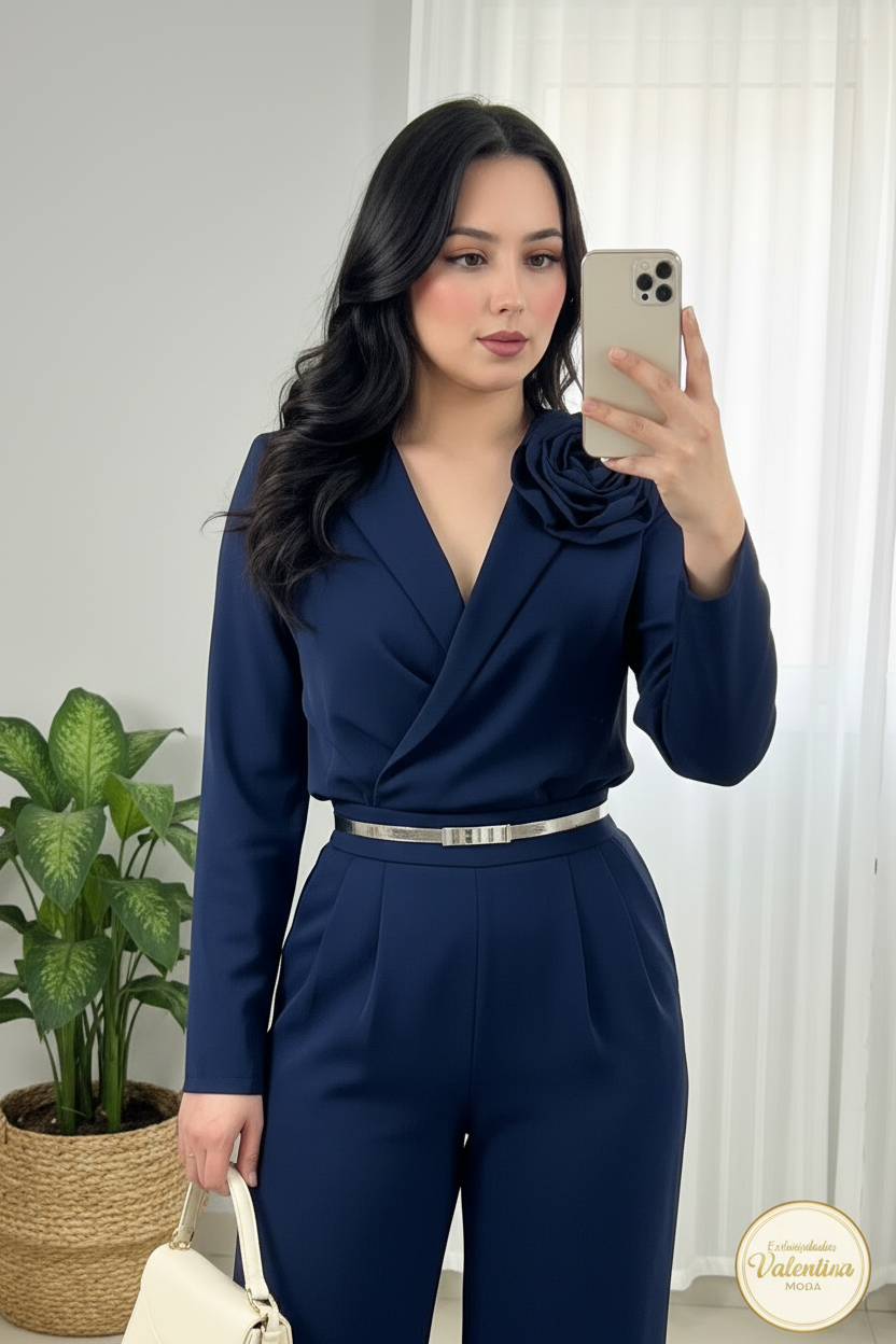 Conjunto 2 Piezas Azul Marino Top Cruzado Manga Larga y Palazzo cod.00139
